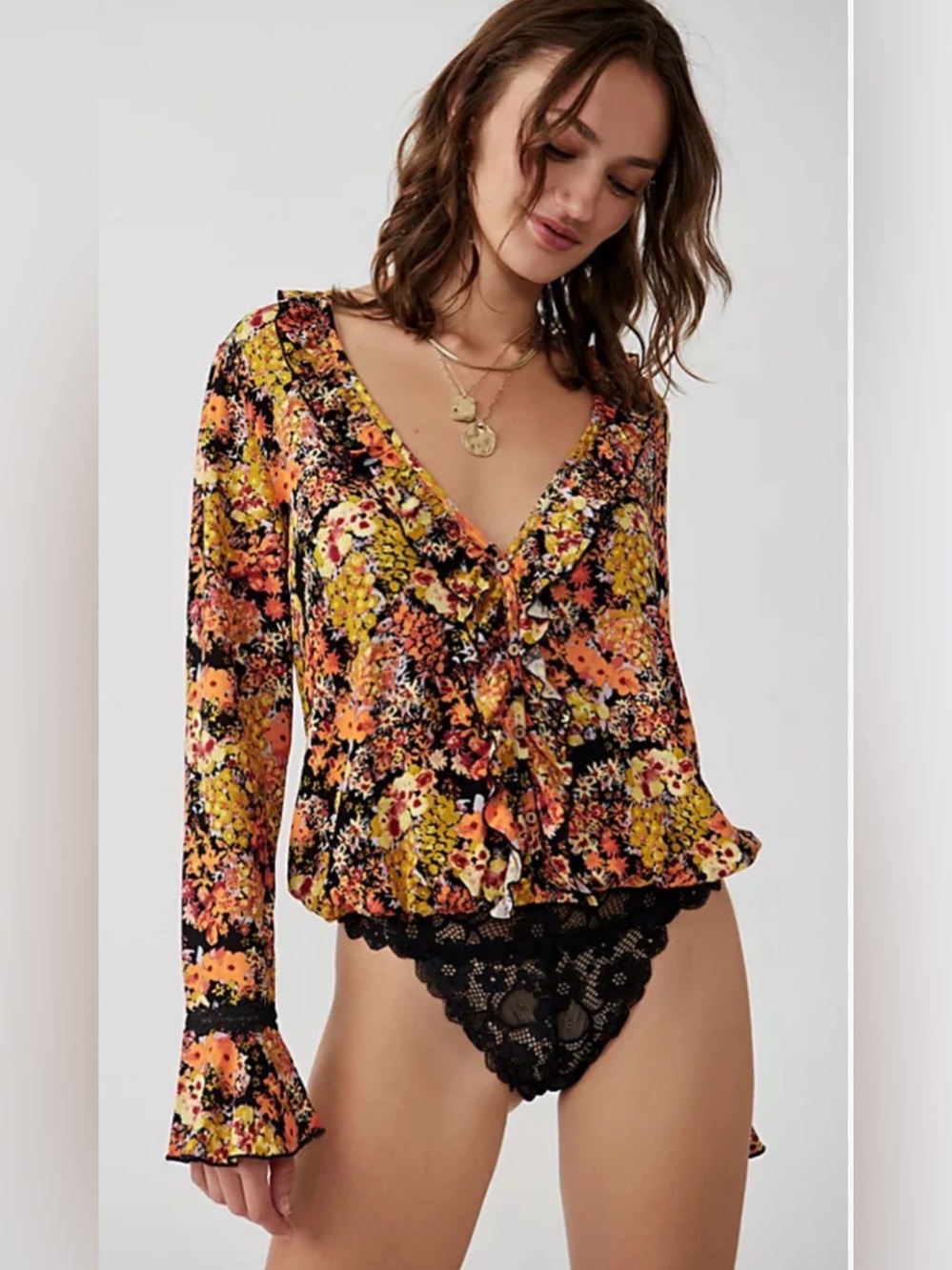 Free People Floral V-Neck Ruffle Blouse in Orange, Yellow and Black